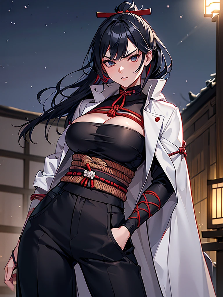 a female samurai, beautiful detailed eyes, beautiful detailed lips, extremely detailed face, long eyelashes,hyper realistic lighting,(super detailed:1.3),((best quality:1.2)),((masterpiece:1.2)),female focus,lonely beauty,(nighttime:1.6),(standing in a medieval European castle town),cowboy shot,cleavage,((red shibari over bare breasts:1.125)),topknot,muted dark blue hair:1.1,(white samurai coat),(black samurai pants:1.3),(angry:1.05),(large sleeves),(katana sword on hip:1.06),(torn pants),open jacket