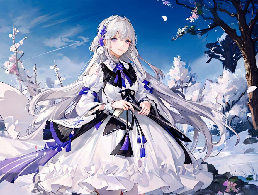 masterpiece, Great work, Daytime, Outdoor, Falling Flowers, White Dress, 1 Girl, Perfect Woman, Woman with long silver and white hair, Gray Blue Eyes, Pale pink lips, cold, Severe, Van, Purple eyes, White clothes, Black Apparel Line, Delicate face, Beautiful Face, Standing Bow, Tassel, The knot of happiness, smile