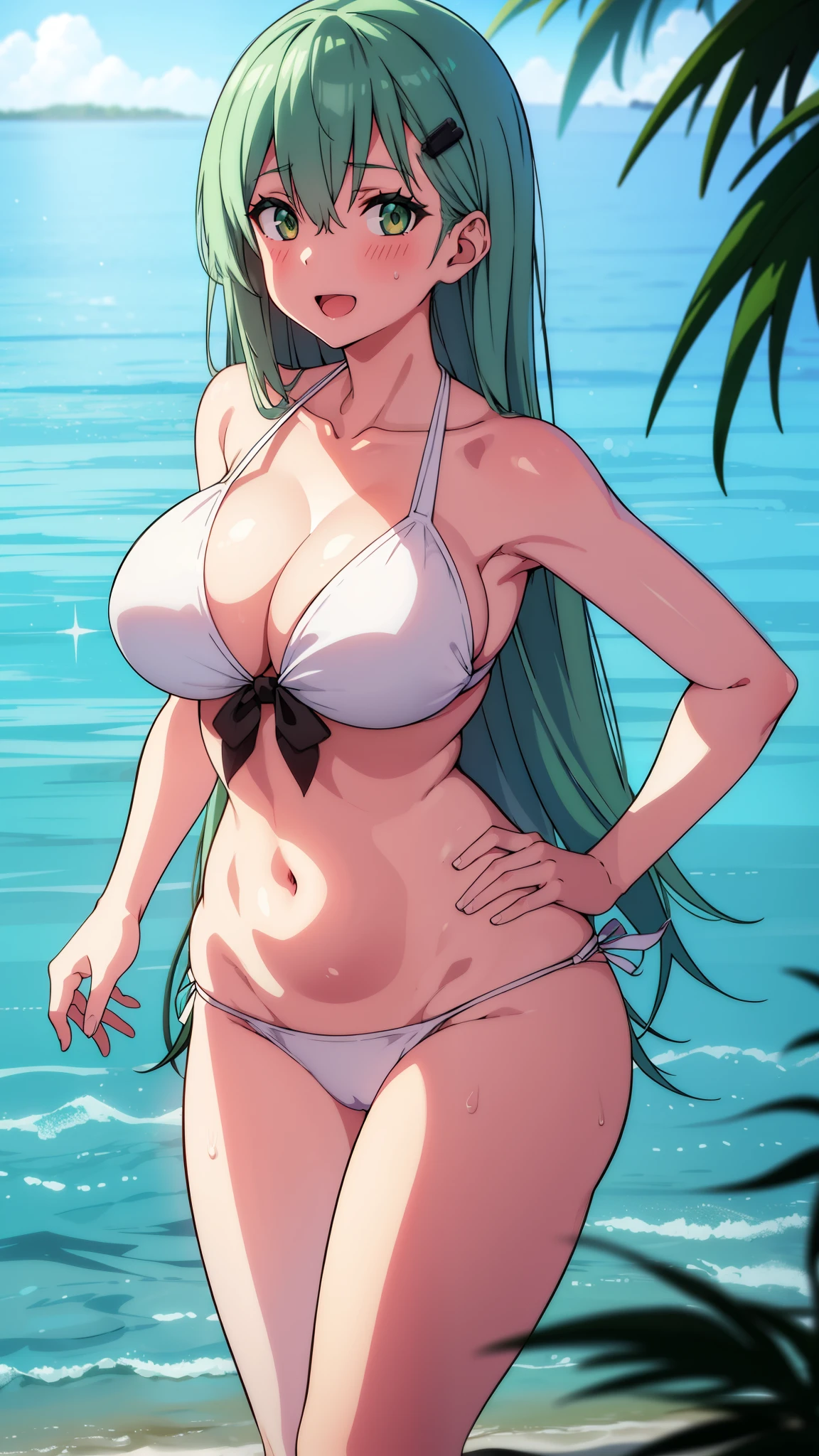 ,,green hair,very long hair,suzuya(kancolle),suzuya(kantai collection),hair clip,,,smile,wide hip,,open mouth,huge cleavage,,sweat,milf,wide hips,,narrow waist,navel ,stomach, eyelashes, eyeshadow, lips,, 8k, hdr, raytracing,beach,white competition swimsuit,white suimsuit,white suimsuit,Bright glossy screen,white bikini