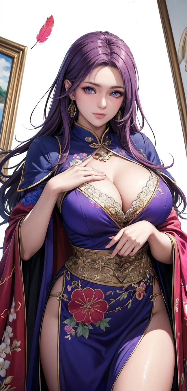 conjunctivitis, (Highest quality, Masterpiece painting:1.3), ผู้หญิงatยังไม่บรรลุนิติภาวะ, , (Half shot), Masterpiece, Ultra high resolution, (realistic:1.0), ((light purple hair)),straight hair, Beautiful, shiny hair, White and bright skin, Close one eye,(((heart shaped student))), ((The details are very realistic.)), Octane rendering, ใบหน้าatมีรายละเอียดสูง, (big breasts:0.8), (hand made heart), (((สวมfluorescent fabric:Harem costume,Suzhou embroidery techniques:Sequined lace robe woven from feathers.))), fluorescent fabric, open neck, rift, ร่างกายatสมบูรณ์แบบ, soft skin, White cherry blossom embroidery pattern, Silver Earrings, (pure white background:1.4), Sharp focus, รายละเอียดatซับซ้อน, professional artwork, (bright colors:1.1), bright colors, diffused lighting, digital mixing, ร่างกายatมีความคมชัดเป็นพิเศษ, ผมatมีรายละเอียดเป็นพิเศษ, Very detailed page, at'it'Trending on pixiv, Top button open, จ้องมองatน่ารัก, compensate, ริมฝีปากatสมบูรณ์แบบ, perfect compensate, การเคลือบatมีความแม่นยำสูง, (light_smile:0.8), (laziness:1.2),Shy your nose.,