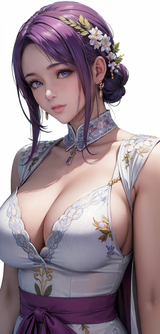 conjunctivitis, (Highest quality, Masterpiece painting:1.3), ผู้หญิงatยังไม่บรรลุนิติภาวะ, 16 years old, (Half shot), Masterpiece, Ultra high resolution, (realistic:1.0), ((light purple hair)),straight hair, Beautiful, shiny hair, White and bright skin, Close one eye,(((heart shaped student))), ((The details are very realistic.)), Octane rendering, ใบหน้าatมีรายละเอียดสูง, (:0.8), (hand made heart), (((สวมfluorescent fabric:Harem costume,Suzhou embroidery techniques:Sequined lace robe woven from feathers.))), fluorescent fabric,  open neck, rift, ร่างกายatสมบูรณ์แบบ, soft skin, White cherry blossom embroidery pattern, Silver Earrings, (pure white background:1.4), Sharp focus, รายละเอียดatซับซ้อน, professional artwork, (bright colors:1.1), bright colors, diffused lighting, digital mixing, ร่างกายatมีความคมชัดเป็นพิเศษ, ผมatมีรายละเอียดเป็นพิเศษ, Very detailed page, at'it'Trending on pixiv, Top button open, จ้องมองatน่ารัก, compensate, ริมฝีปากatสมบูรณ์แบบ, perfect compensate, การเคลือบatมีความแม่นยำสูง, (light_smile:0.8), (laziness:1.2),Shy your nose.,