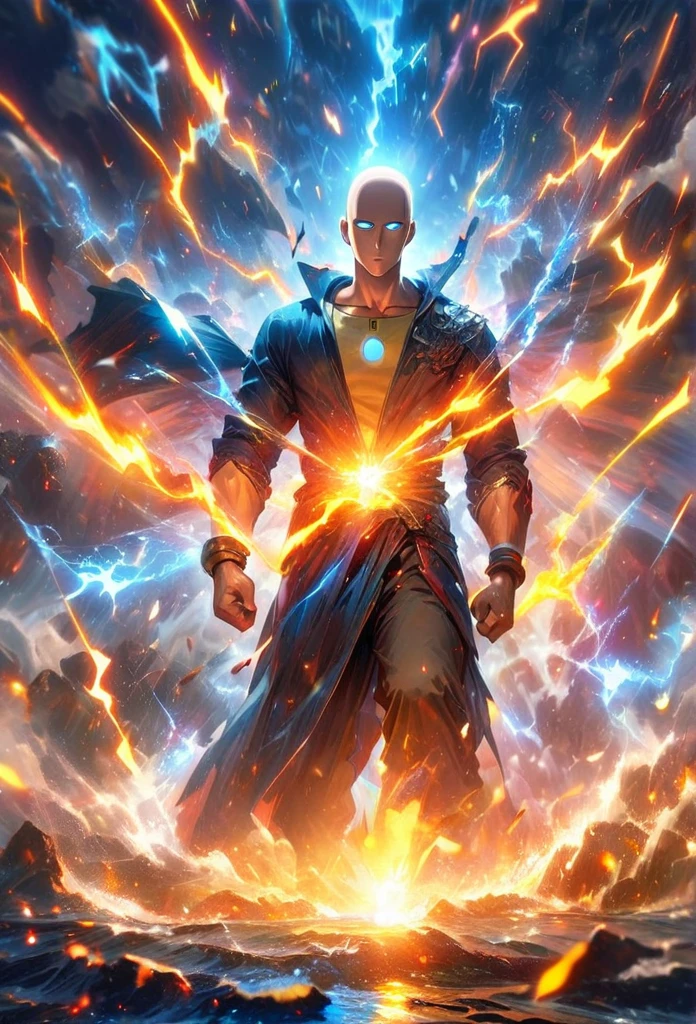 Symetrical,absurdres, highres, ultra detailed, HDR, masterpiece, extremely detailed face and eyes, Saitama,,,  , solo, man, handsome, ,, , Epic fight scene, blue  water effect, blue and yellow lightning effect,glowing glitters