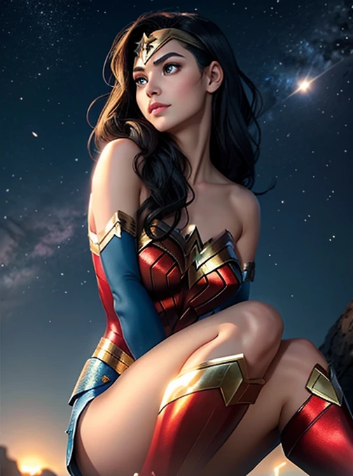 The character Wonder Woman, perfect costume, hyperrealism, star in the sky background