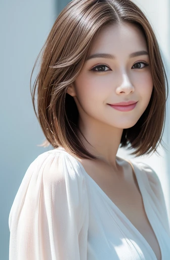 (Raw photo), (Photo realistic), (masterpiece), (Highest quality), High resolution, 8K resolution, (Exquisite detail), (Volumetric Light), Portraiture, woman, Age 35, short hair, Straight Hair, Brown haired, Very white and translucent skin,Highly detailed eyes, Source Order, Very fine eyebrows, eyelash,Highly detailed skin, Highly detailed mouth, Highly detailed nose, The best beauty,Cute like an idol, Smile, ((Look at the viewers)), (An elegant and transparent white blouse), Random Body Orientation,Ample breasts,valley