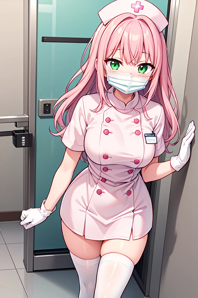1girl, solo, nurse, white nurse cap, white nurse uniform, ((white legwear, zettai ryouiki)), white gloves, pink hair, green eyes, drooping eyes, ((white surgical mask, covered nose)), standing, ((hospital room)), sharp outline, short sleeves, best quality, masterpiece