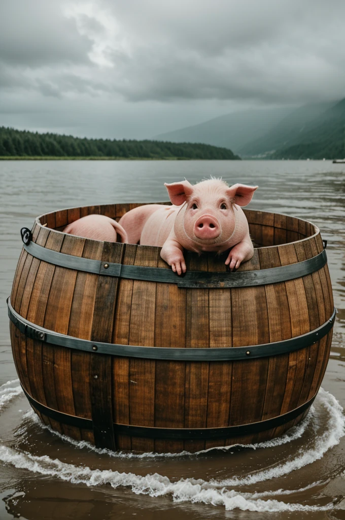 Pig sailing in barrel in the rain