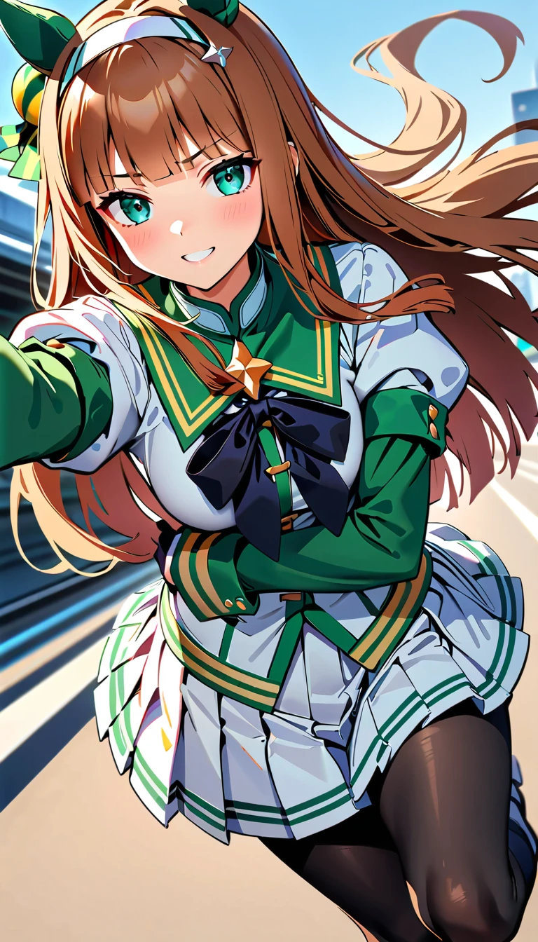 (high quality, 8K, 4K, High Contrast, masterpiece:1.2, 最high quality, Best aesthetics), ((1 female)), Silence Suzuka(umamusume), Black gloves, White Skirt, Pleated skirt, Black Pantyhose, Layered sleeves, Puff short sleeves, Short or long sleeves, Black Bow, Running pose, Full-body wide-angle, Serious face, running, speed, Motion Blur:1.2,