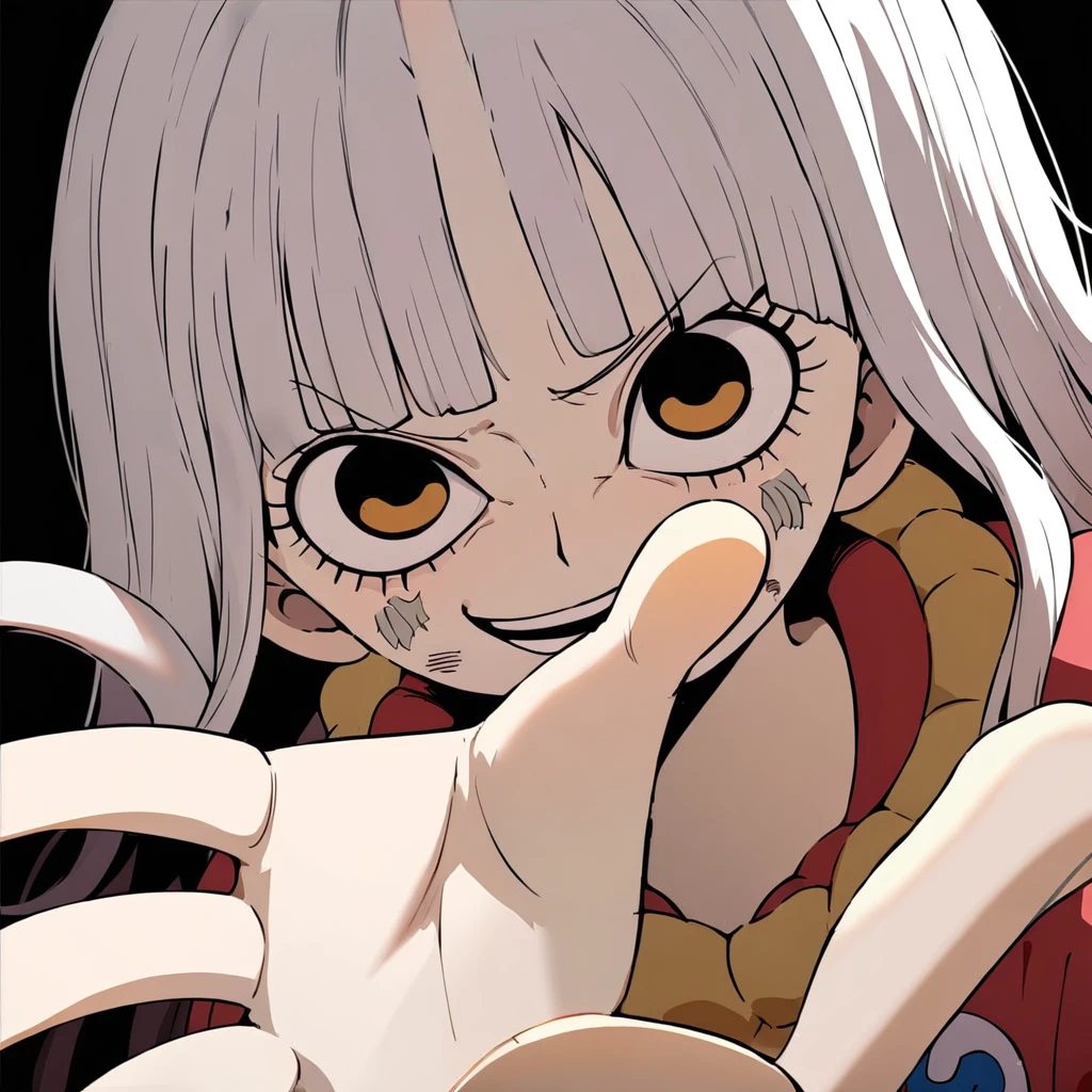 US, US One Piece, 1girl, white background, no extra decoration, cute expression, posing,Dirty face, Outstretched Hand, close up, angle, shorten, dark, dark background, masterpiece, best quality