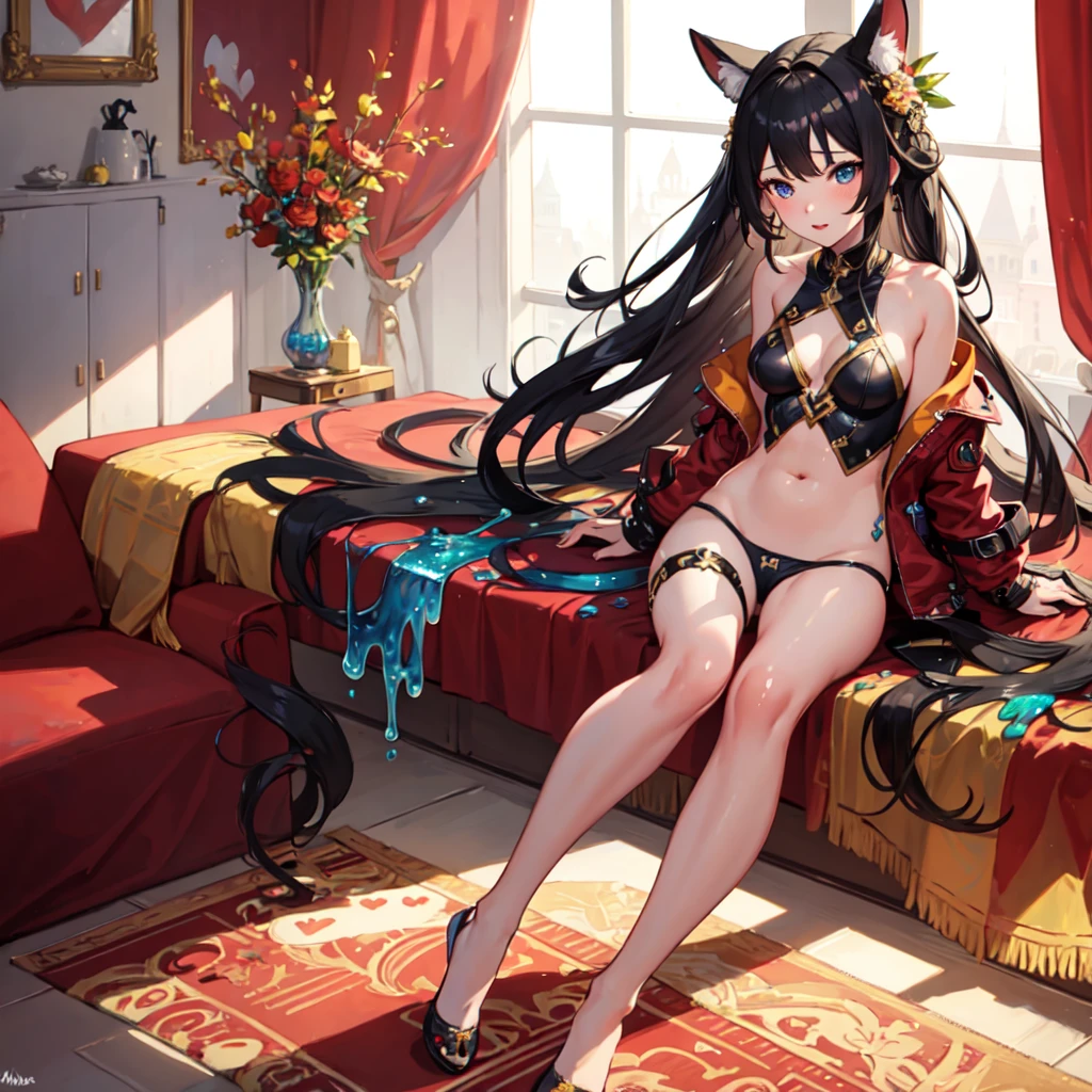 Beautiful woman lying in bed，grab the pillow((4K, masterpiece, best quality)), ink painting, traditional Chinese ink painting, lotus, han dress, maxi kit, modest outfit single girl, solo, gray hair, long hair, fox ears, Caucasian, Bikini, Fish, lots of fish nearby, Look at the beholder, An anime girl wearing a black dress is lying on a blanket at the beach., seductive anime girl, I&#39;ll draw a fan too, Beautiful charming anime woman, Azure Lane style, Cute anime waifu wearing beautiful clothes, Anime cute art style, Clean and detailed anime art, at the beach上, Wear a swimsuit, monokini, anime goddess, Outstanding Makina, at the beach animal ears, grab the pillow