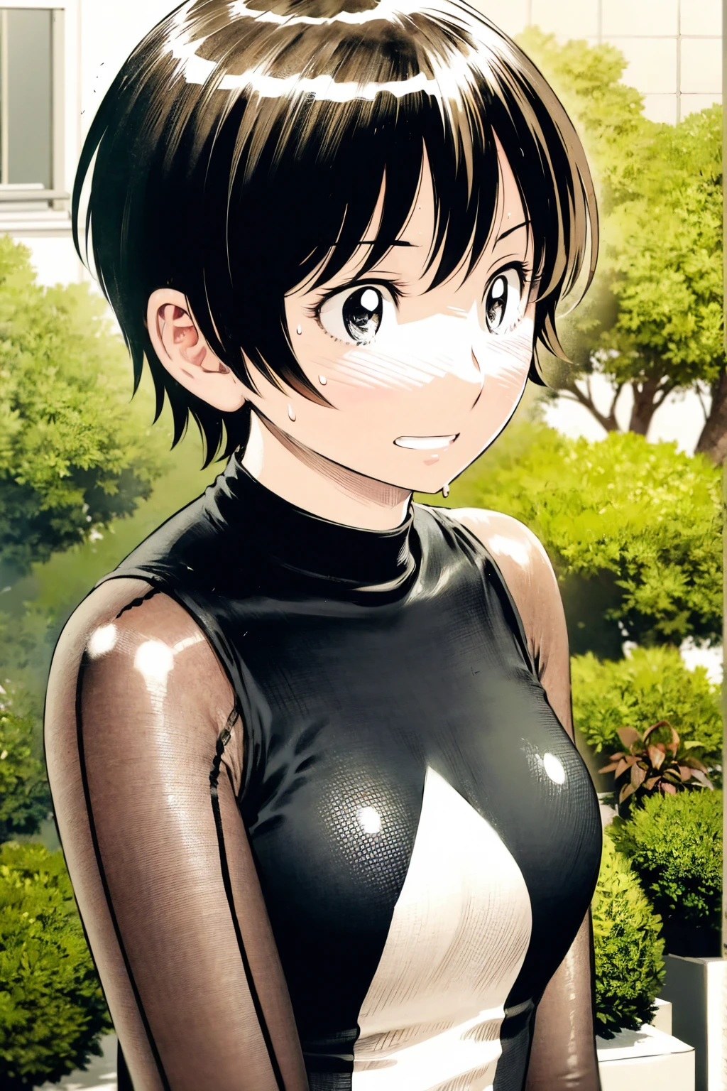 、(masterpiece、Highest quality)、Highest quality, Ultra-high resolution, (((masterpiece))), alone, Sweat、Big eyes, No sleeve、Outdoor、Floral dress、Composition from the front、(Cut the back hair short、short hair、blonde、woman)、Shortcuts、Embarrassed face、Cut your hair short、可愛いwomanの子、Big Breasts