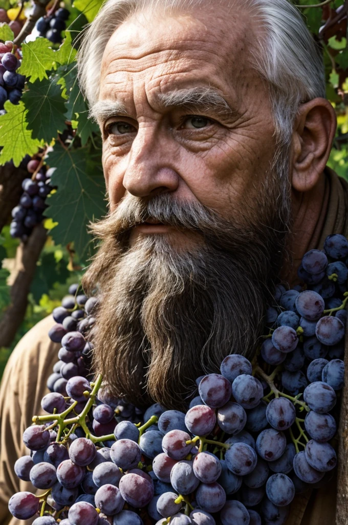 old man 80 years old beard big bunch of grapes near his face