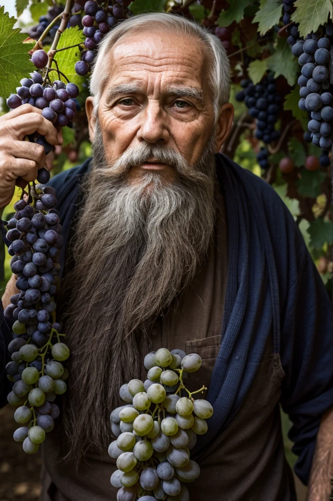 old man 80 years old beard big bunch of grapes near his face