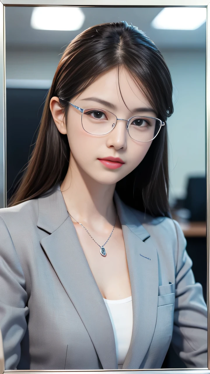 最high quality, 8K, masterpiece, actual, high quality, Beautiful and delicate face and eyes, OL, Gray suit, Half Body, Professional lighting, Vibrant colors, Confident expression, Facing forward, (looking at camera), Modern office environment, warm color, Crisp details,((Silver frame glasses))