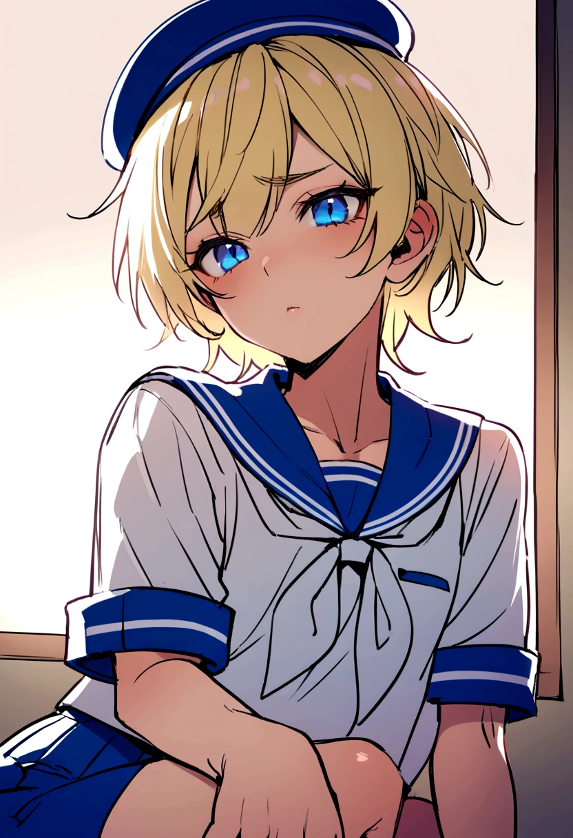 Blonde,wolf cut. Shota, sailor suit, sailor hat, blue eyes, tomboy, Naughty whole
