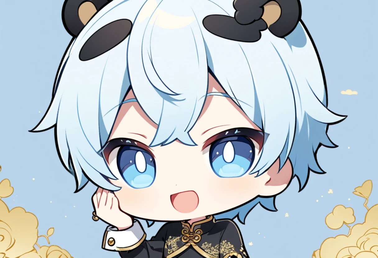 Create an anime-style illustration The character is in chibi style The character is a young man with short light blue hair and blue eyes He is wearing a black Chinese dress The dress has gold buttons and white cuffs Add a panda costume on top of the dress The character has a cheerful and slightly mischievous expression He has one hand on his face The background is pale yellow
