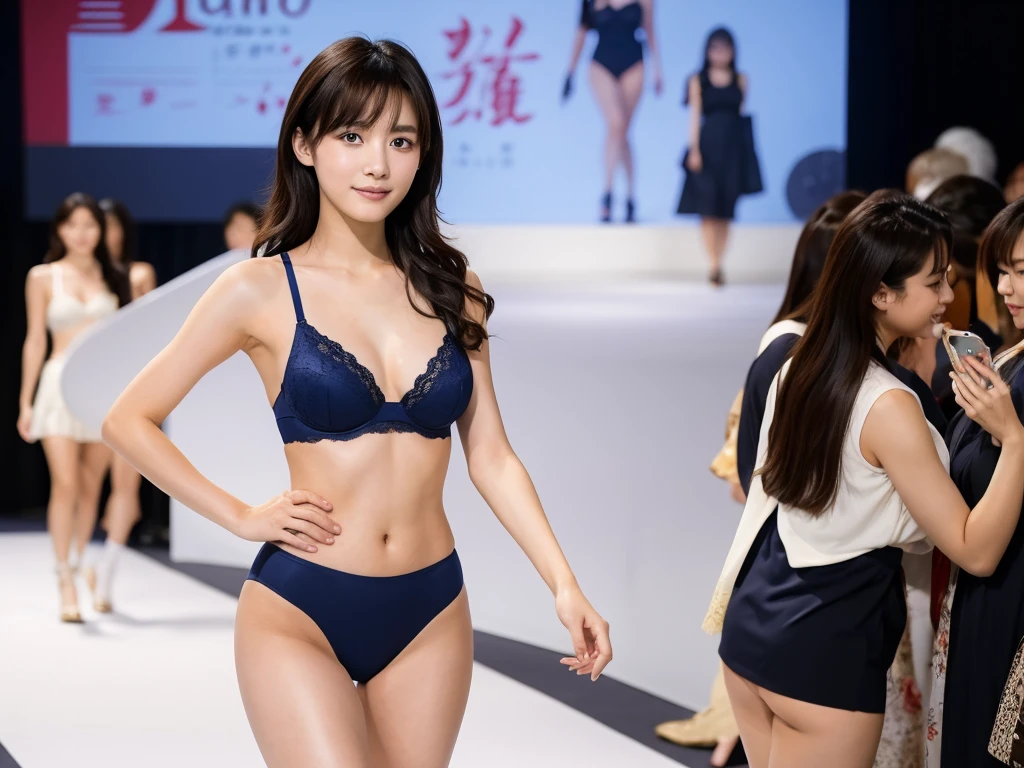 A live-action photo of an extremely beautiful Japanese high school girl race queen who highlights her large breasts and beautiful legs.、Photographed walking down the runway at a fashion show wearing the latest oysho lingerie.、She is an eternal idol who combines a clean look with modern charm.。 She creates such beauty。 She feels her own warmth。 She creates a warm atmosphere。 We create beauty。 That's what I want to say。 In her full body photo、The figure features porcelain-like skin and golden hair that radiates a soft glow.。 This is probably、It captured the essence of her timeless charm.、This is the best shot ever.。 Each straight line and curve is carefully expressed.、Breathtakingly beautiful with impeccable detail。 This piece perfectly captures her timeless beauty.。 Divine Proportions、Sharp focus、Full-body photo taken by Kishin Shinoyama、high quality、High resolution、Detailed Background