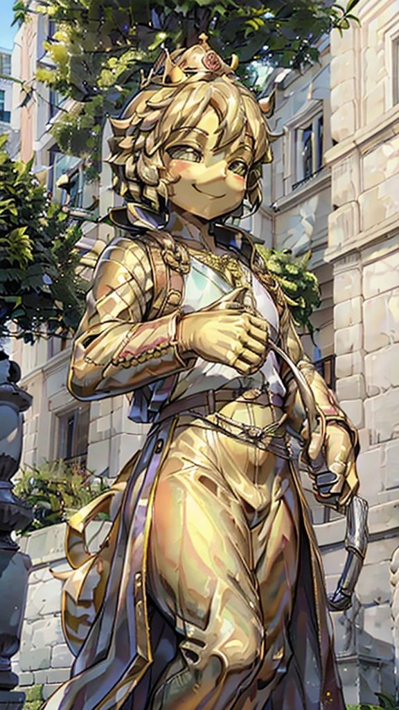 王子的Gold statue,Prince style,Prince costume,宫廷Dress,Gold statue,男孩的Gold statue,带着黄金冠冕的Gold statue,脚边停着一只燕子的Gold statue,Golden Boy Statue,Gold statue,Dress,Dress,西式宫廷男士Dress,Cute boy,British style,Victorian style,crown,crown,Golden Boy Sculpture,Golden Boy Statue,Gold statue,Gold statue,Giant golden statue,Giant golden statue,Outdoor Background,Smiling statue,