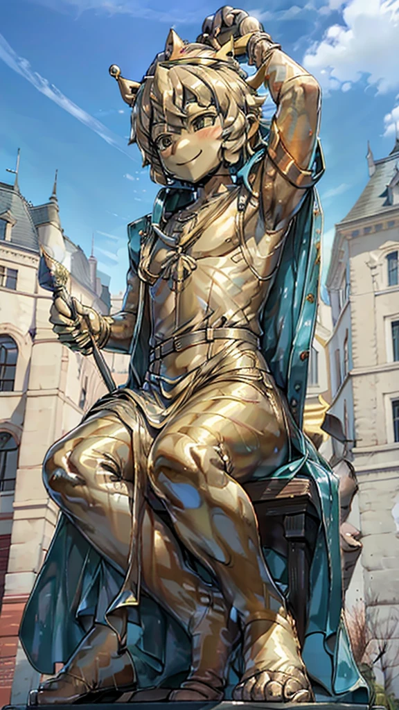 王子的Gold statue，Prince style，Prince costume，宫廷Dress，Gold statue，男孩的Gold statue，带着黄金冠冕的Gold statue，脚边停着一只燕子的Gold statue，Golden Boy Statue，Gold statue，Dress，Dress，西式宫廷男士Dress，Cute boy，British style，Victorian style，crown，crown，Golden Boy Sculpture，Golden Boy Statue，Gold statue，Gold statue，Giant golden statue，Giant golden statue，Outdoor Background，Smiling statue，