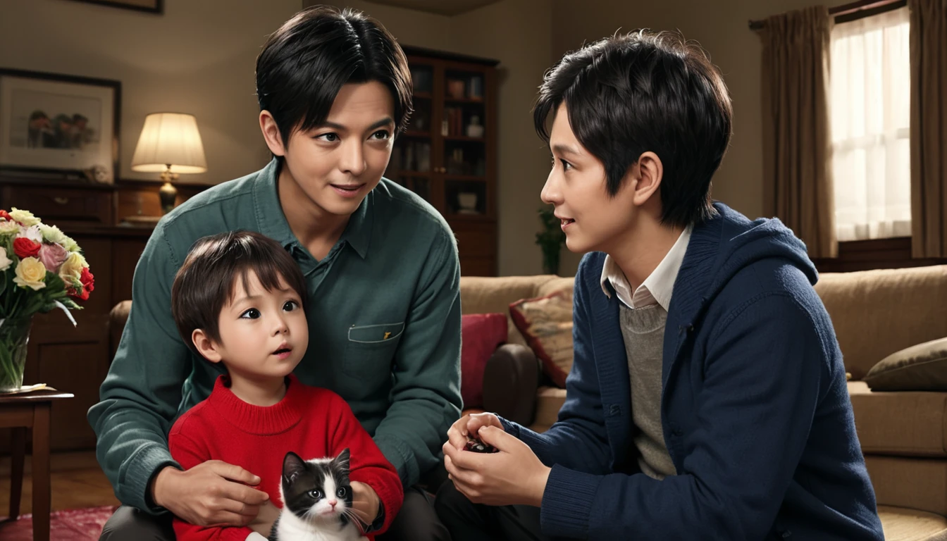The boy's parents are talking about kittens in the living room.'' His mother says, ``Since Mike came, Shota has become brighter.'