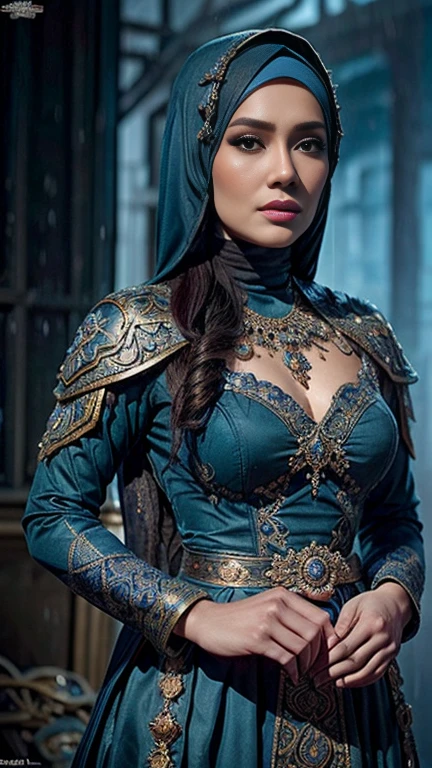 a malay woman in hijab and a blue dress, realistic Art Station, hard raining scene, Detailed Fantasy Art, Stunning Character Art, beautiful Exquisite Character Art, Beautiful black Armor, Extremely Detailed, blue armor Girl, Exquisite Intricate Headdress and Jewelry, whole body capture