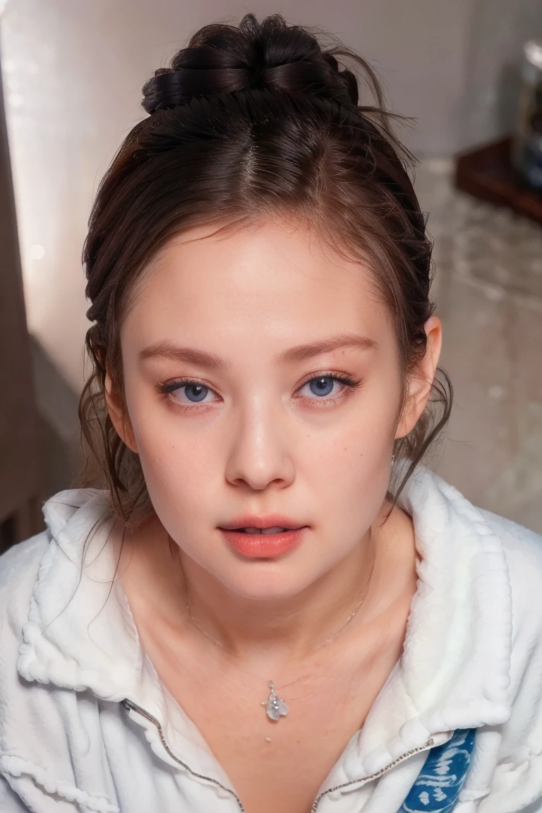 1 Girl, Beautiful, Baby Face, 30 Years Old, White Skin, , naked , Skinny, , , standing in The Bathroom,attractive , seductive, , , medium breasts, brown short Hair, messy bun hairstyle, raised up arms, ((adorable:1.1)), ((masterpiece:1.1)), Sleepy Cute Face, grey hair,silver messy hairstyle, blue eyes, attractive, seductive, dynamic angle, soft laughter, (Shoulder off outer Jacket), (8k, RAW photo, best quality, masterpiece: 1.2), (realistic, realistic: 1.37), ,(((masterpiece))),(best quality),solo, extremely detailed, detailed face,(full body:1.2), the portrait is centered,(close-up:1.4),upper body,(from above:1.4),(wide-angle lens:1.2), looking at viewer,