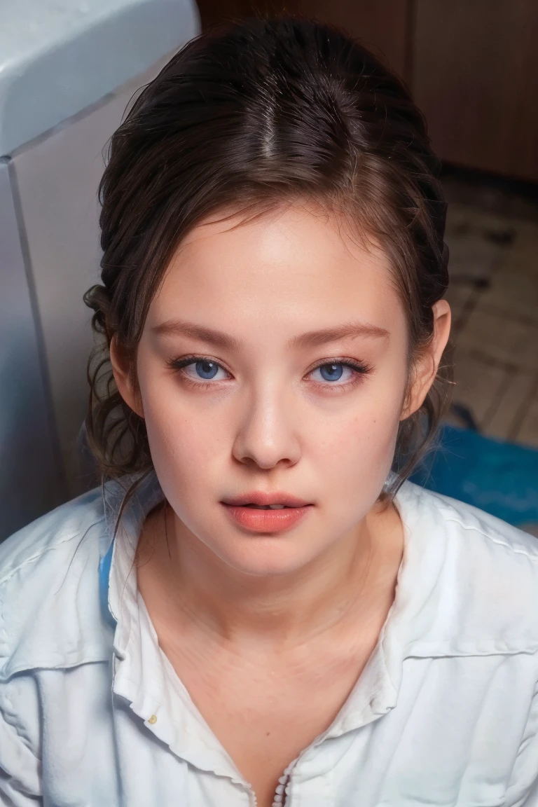 1 Girl, Beautiful, Baby Face, 30 Years Old, White Skin, , , Skinny, , , standing in The Bathroom,attractive , seductive, , , medium breaswn short Hair, messy bun hairstyle, raised up arms, ((adorable:1.1)), ((masterpiece:1.1)), Sleepy Cute Face, grey hair,silver messy hairstyle, blue eyes, attractive, seductive, dynamic angle, soft laughter, (Shoulder off outer Jacket), (8k, RAW photo, best quality, masterpiece: 1.2), (realistic, realistic: 1.37), ,(((masterpiece))),(best quality),solo, extremely detailed, detailed face,(full body:1.2), the portrait is centered,(close-up:1.4),upper body,(from above:1.4),(wide-angle lens:1.2), looking at viewer,
