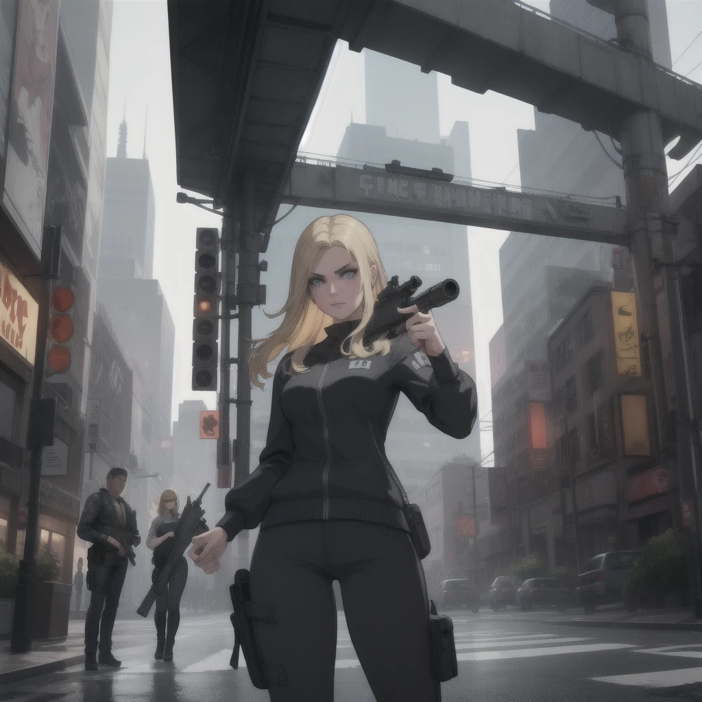 a beautiful blonde girl holding a gun, a man with a gun, and GTA5 character, cinematographic composition, City