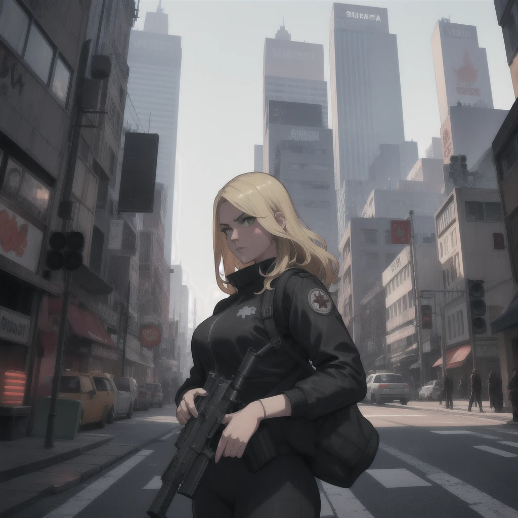 a beautiful blonde girl holding a gun, a man with a gun, and GTA5 character, cinematographic composition, City