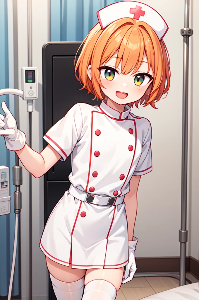 1boy, solo, male focus, nurse, white nurse cap, white nurse uniform, ((white legwear, zettai ryouiki)), white gloves, short hair, orange hair, smile, open mouth, standing, ((hospital room)), sharp outline, short sleeves, shota, , best quality, masterpiece
