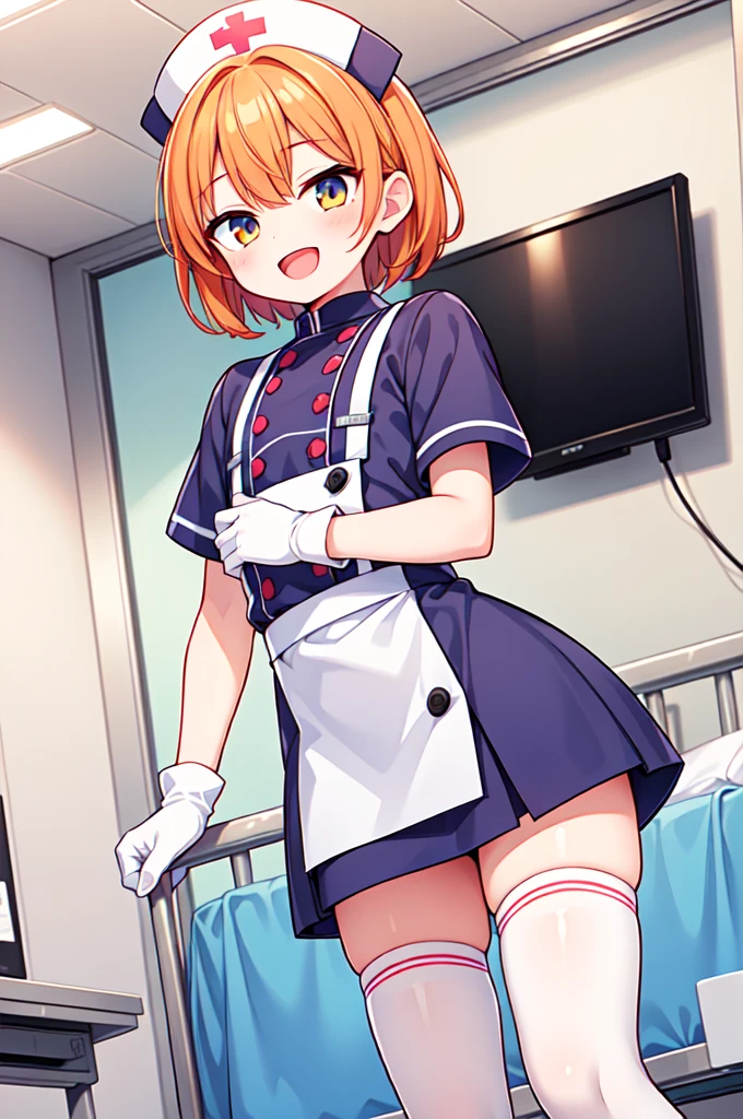 1boy, solo, male focus, nurse, white nurse cap, white nurse uniform, ((white legwear, zettai ryouiki)), white gloves, short hair, orange hair, smile, open mouth, standing, ((hospital room)), sharp outline, short sleeves, shota, 12 years old, best quality, masterpiece