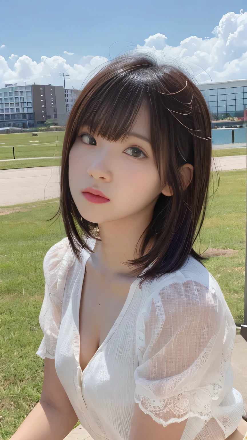 Sunburn marks on tanned skin、blush、Multicolored hair color、Bangs on the face、Bangs between the eyes、A strong wind blows my hair in front of my face、Beautiful big sparkling eyes, Cute eyes hidden by long bangs、Yawn、No visible nasolabial folds、Short tulle 、Blouses in a variety of colors and patterns、17 year old Korean beauty、Blonde Short Hair