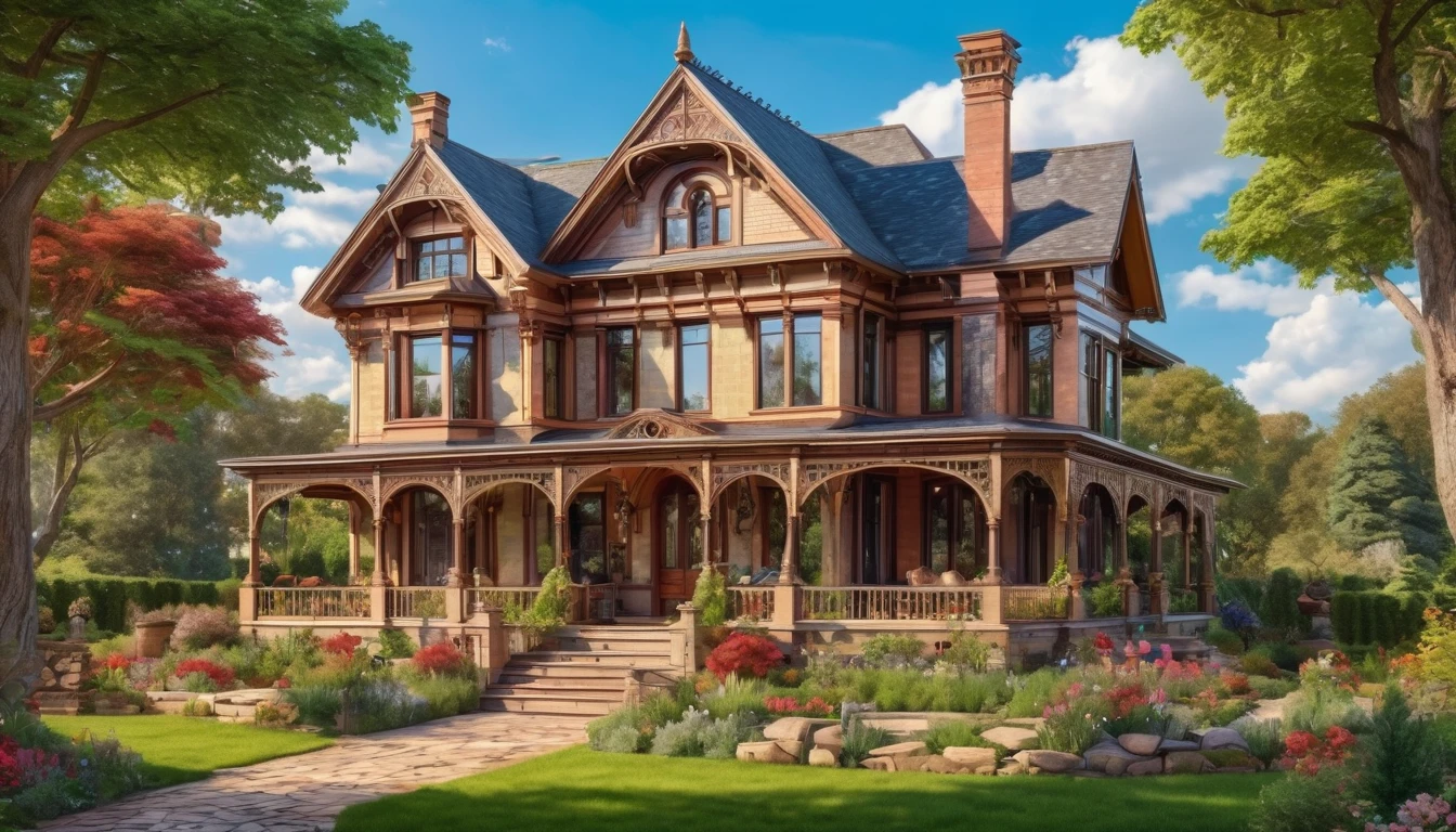 A beautifully restored Victorian-style farmhouse with elaborate architectural details and a well-maintained garden. Style of John William Waterhouse. Hyper realistic photo, vibrant colors, 16k