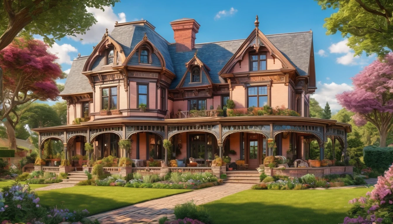 A beautifully restored Victorian-style farmhouse with elaborate architectural details and a well-maintained garden. Style of John William Waterhouse. Hyper realistic photo, vibrant colors, 16k