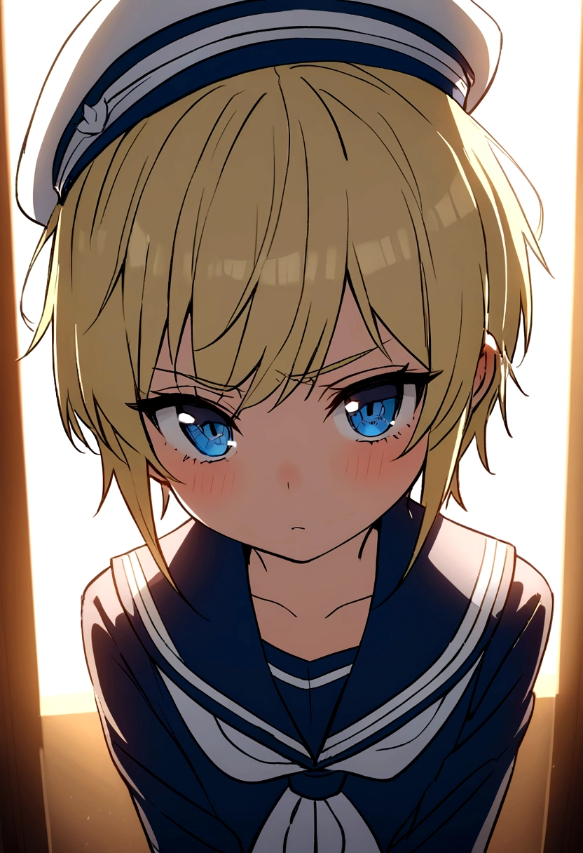 Blonde,wolf cut. Shota, sailor suit, sailor hat, blue eyes, tomboy, Naughty whole