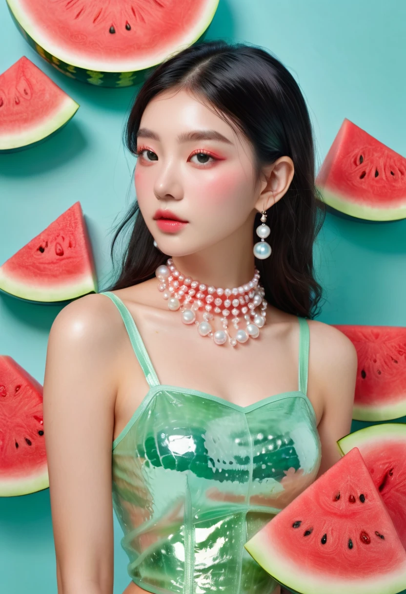 Summer Watermelon Girl,Dopamine teenage, Cool summer days,Chilled watermelon,Ice cubes,The watery girl,Delicate skin,Hydration,Shiny,Shiny,dream,Front view,bust,pearl