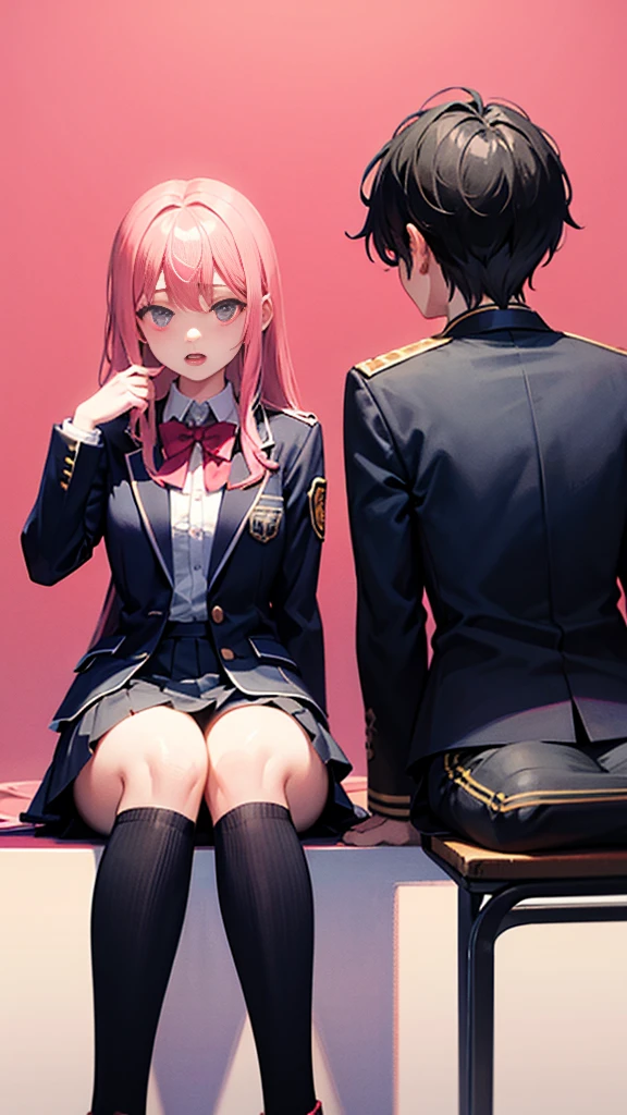 A male high school student in a uniform and a female high school student in a uniform are sitting side by side and playing PlayStation、Angle from behind、Cute anime style、Pastel painting style、Plain pink background