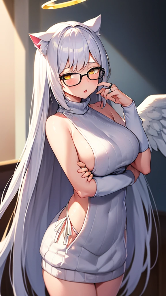 An 18 year old female angel with long, white hair, yellow eyes, white cat ears, and large white angel wings. yellow halo ring round white glasses (Black halter turtleneck, purekiller sleeveless sweater, backless sexy white dress.) white arm warmers hand touching lips, standing