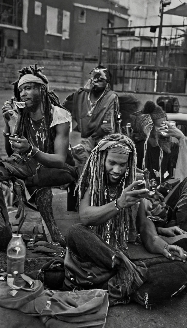 Jamaican Reggae band members are relaxing outside of a concert hall, having a break time near a parking lot. Drinking and smoking. Rasta style. Dreadlocks. Bandana. Black and white with natural lighting.