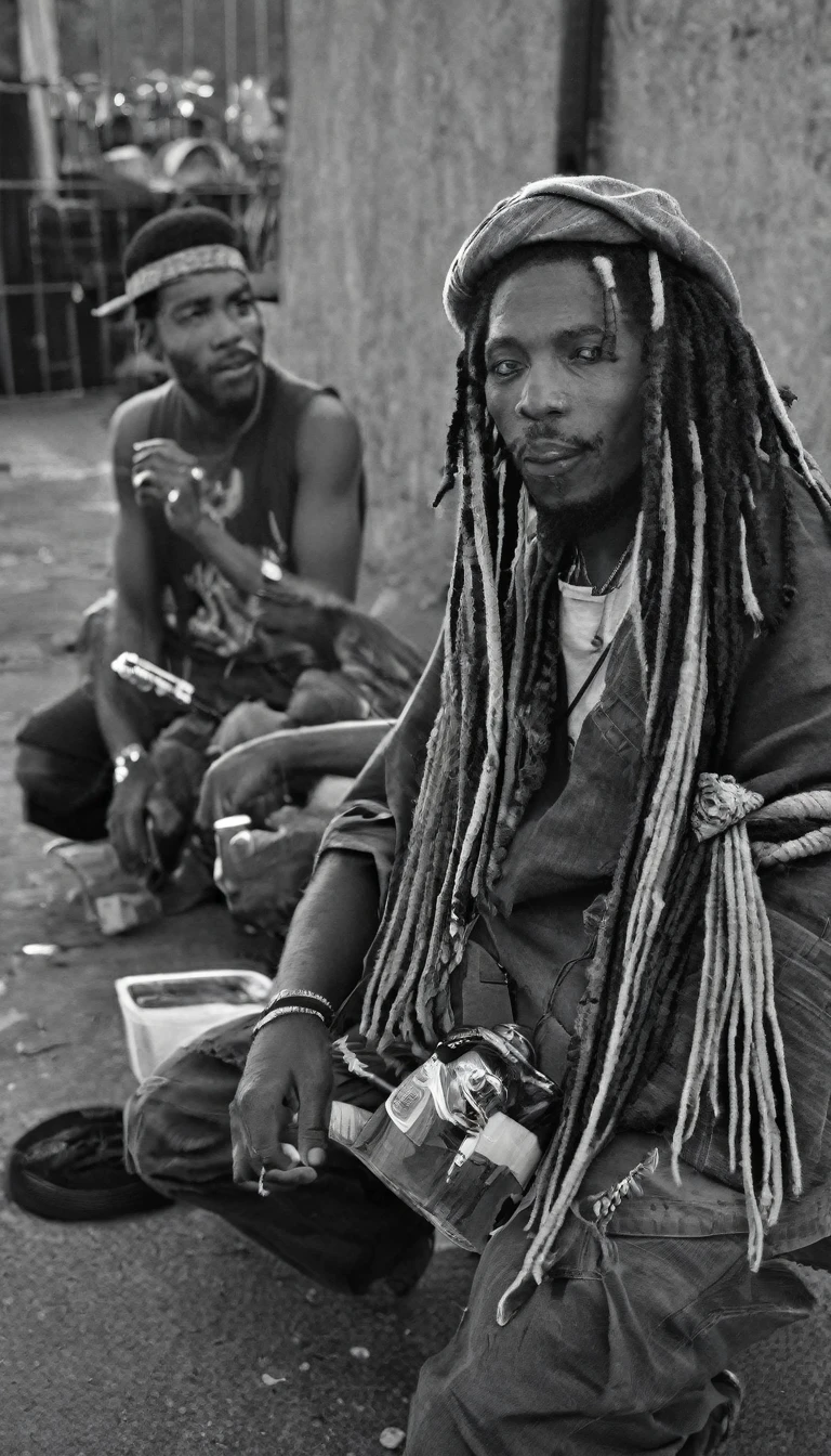 Jamaican Reggae band members are relaxing outside of a concert hall, having a break time near a parking lot. Drinking and smoking. Rasta style. Dreadlocks. Bandana. Black and white with natural lighting.