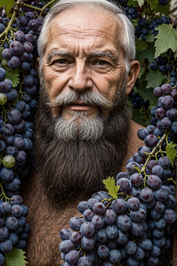 old man 80 years old beard big bunch of grapes near his face