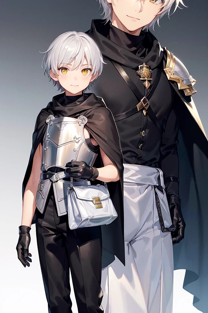 (masterpiece; best quality: 1.2), (finely detailed eyes: 1.3), ((1 male kid)), ((solo)), (yellow eyes: 1.4), (adorable; short, slender: 1.3), (short white hair: 1.3), (beautiful and clear background: 1.2), ((depth of field)), (clothes: silver armor + black turtleneck + black pants + black cape + black gloves + brown bag on side: 1.3), (anime illustration: 1.2), (background; royal garden exterior+ day: 1.1), (extremely fine and handsome: 1.1), (shot composition; standing + close-up: 1.5), (expression; calm, smile: 1.2)