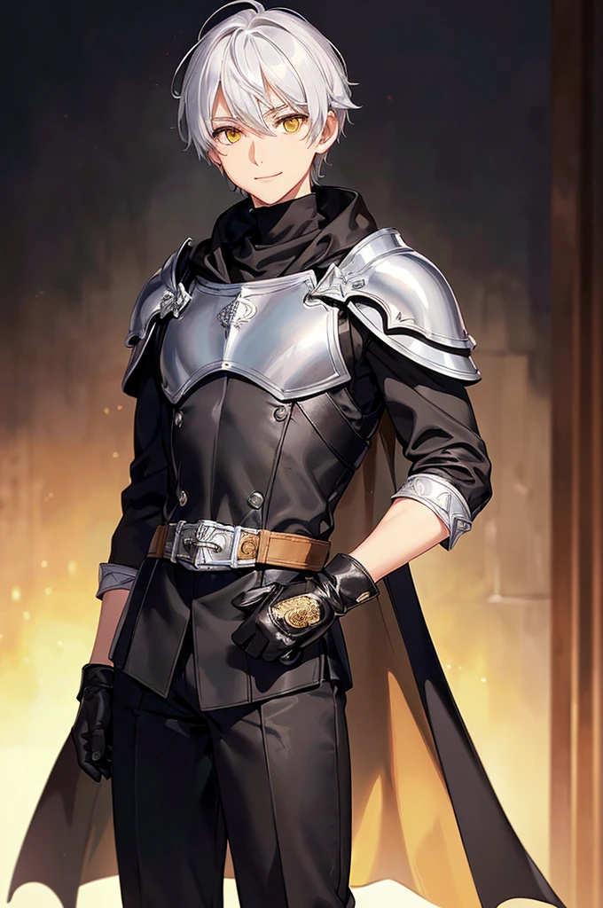 (masterpiece; best quality: 1.2), (finely detailed eyes: 1.3), ((1 male ???)), ((solo)), (yellow eyes: 1.4), (adorable; short, slender: 1.3), (short white hair: 1.3), (beautiful and clear background: 1.2), ((depth of field)), (clothes: silver armor + black turtleneck + black pants + black cape + black gloves + brown bag on side: 1.3), (anime illustration: 1.2), (background; royal garden exterior+ day: 1.1), (extremely fine and handsome: 1.1), (shot composition; standing + close-up: 1.5), (expression; calm, smile: 1.2)