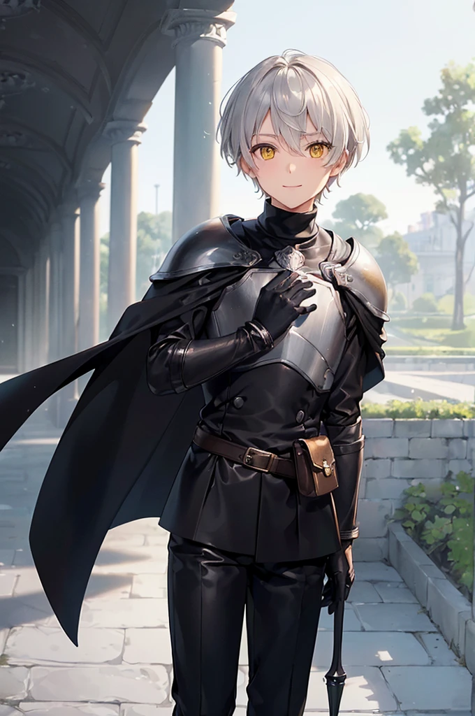 (masterpiece; best quality: 1.2), (finely detailed eyes: 1.3), ((1 male ???)), ((solo)), (yellow eyes: 1.4), (adorable; short, slender: 1.3), (short white hair: 1.3), (beautiful and clear background: 1.2), ((depth of field)), (clothes: silver armor + black turtleneck + black pants + black cape + black gloves + brown bag on side: 1.3), (anime illustration: 1.2), (background; royal garden exterior+ day: 1.1), (extremely fine and handsome: 1.1), (shot composition; standing + close-up: 1.5), (expression; calm, smile: 1.2)