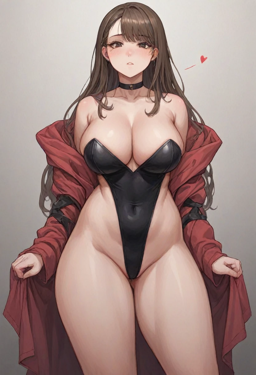 a cute beauty anime girl, with a voluptuous 16-year-old body, with brown long hair and eyes. with a curvaceous figure with really fat firm breasts, really wide hips and a plump rear, shotstack and pale skin tone. she's wearing a black leotard, wich doesn't cover much, almost all her waist is fully exposed, and in the breast part of the leotard, has an little heart-shaped hole, she stares at the camera with a submassive shy face