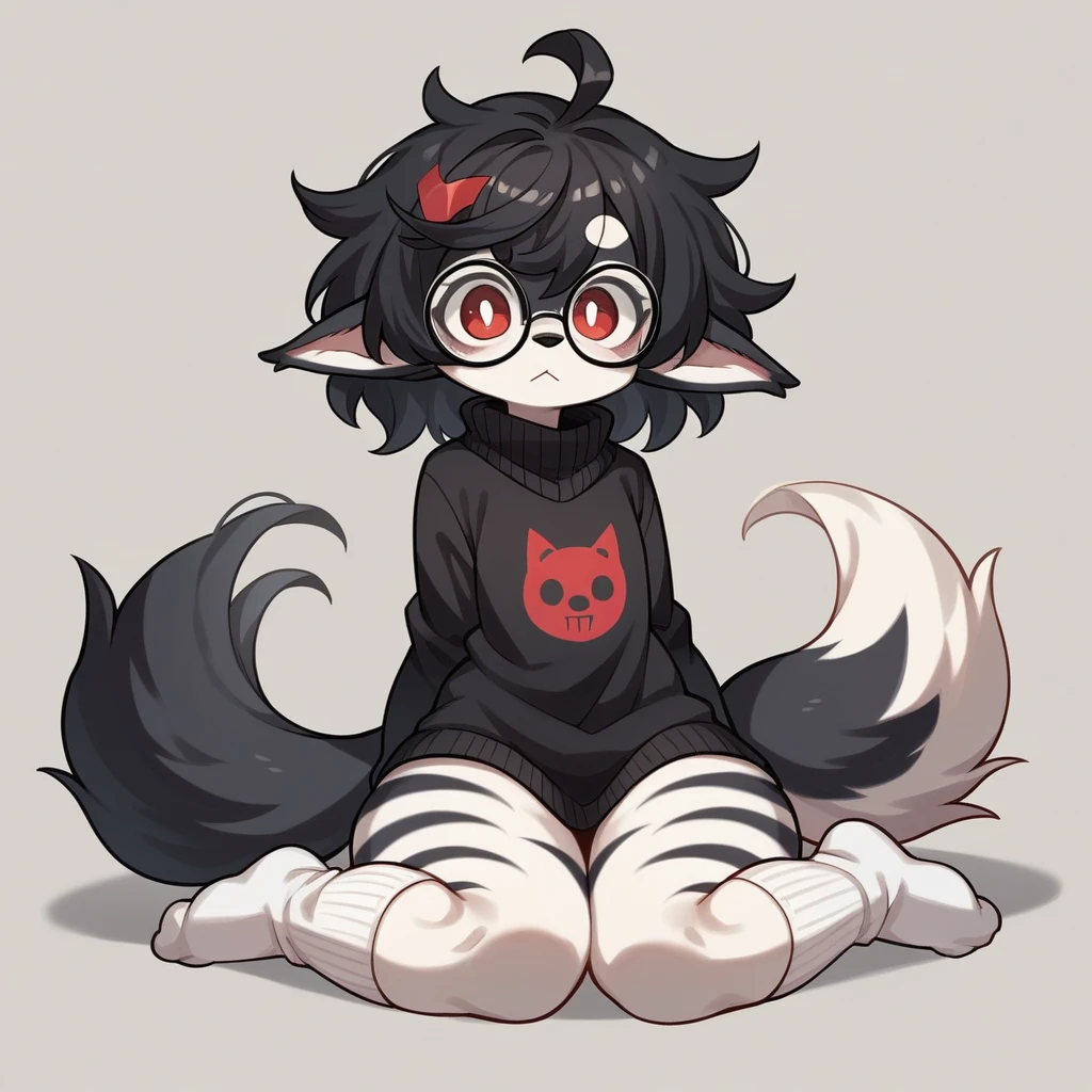 extremely detailed artwork, young and cute dark-haired furry, Furry with black fur, furry (anthro lobo de pele preta fofa), pointy ears, black short hair, black ears, red shine eyes, god of eyes, black round glasses without lenses, real wolf muzzle, black and fluffy hair all over the body, Black sweater with white stripes, black hair on thighs, cute thighs, detailed thighs, fluffy black wolf tail, white silk socks with gray print on the edge, sitting on knees, Extremely detailed crotch, showing the back, dominant pose, stimulating pose