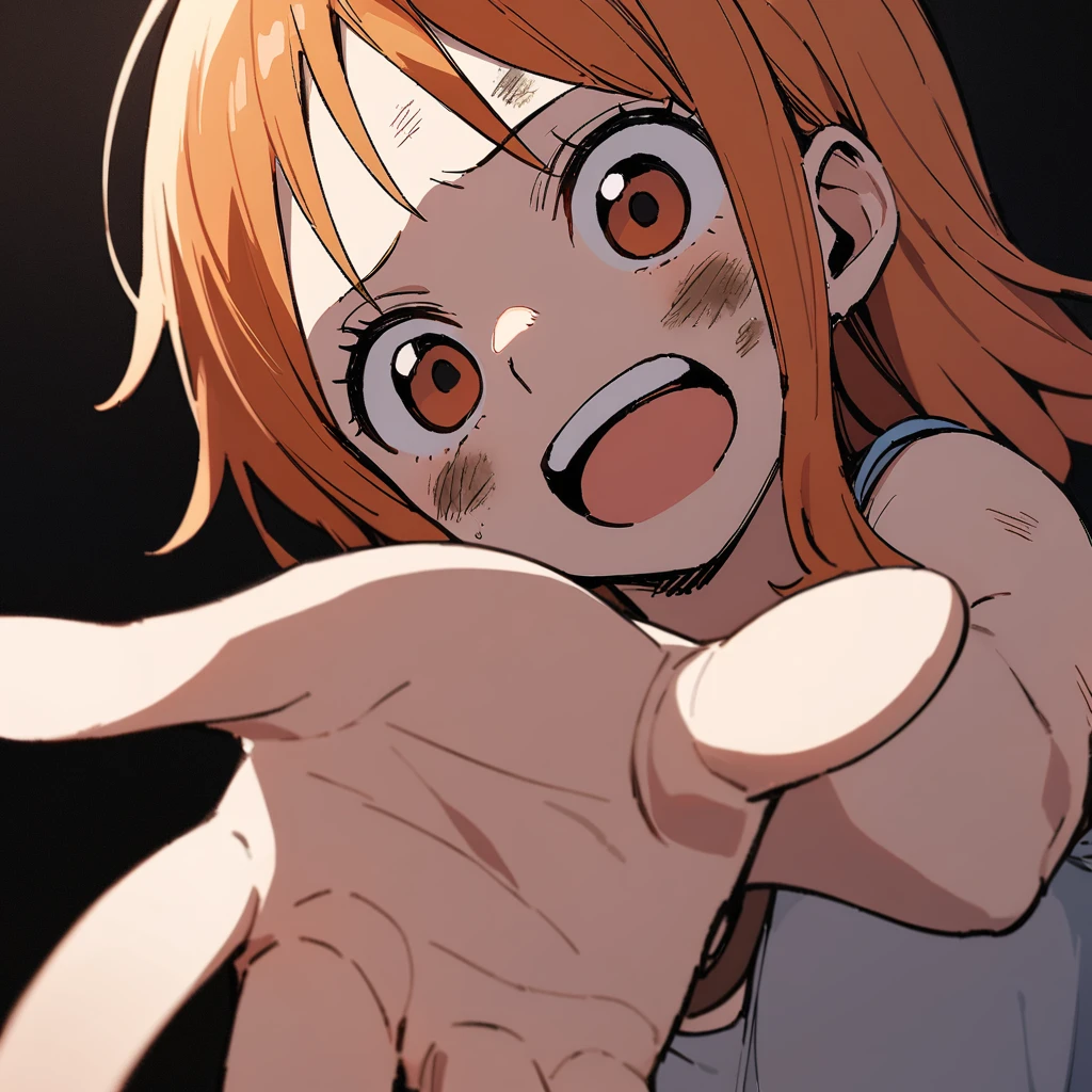 Nami, Nami One Piece, 1girl, white background, no extra decoration, cute expression, posing，dirty face, outstretched hand, close-up, angle, shortened, dark, dark background, masterpiece, best quality