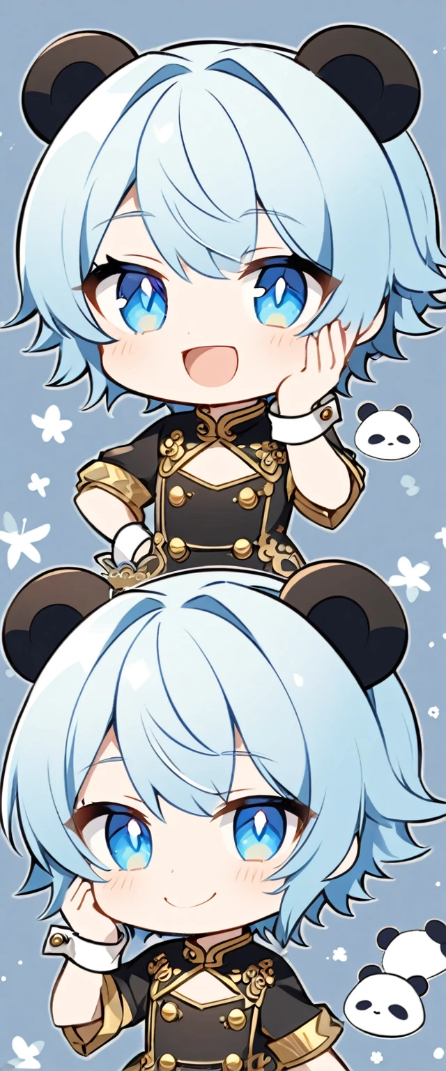 Create an anime-style illustration The character is in chibi style The character is a young man with short light blue hair and blue eyes He is wearing a black Chinese dress The dress has gold buttons and white cuffs Add a panda costume on top of the dress The character has a cheerful and slightly mischievous expression He has one hand on his face The background is pale yellow