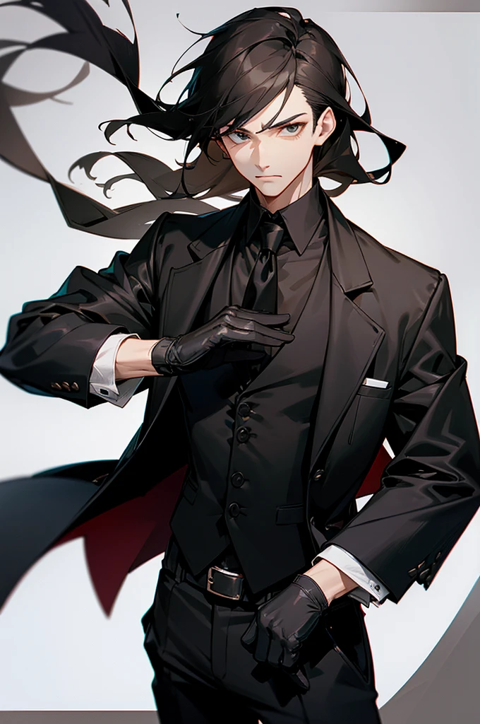 Man with a straight face、Black jacket、vests、Black pants、Leather gloves、tobacco、Two-block、A dark-haired、dandy