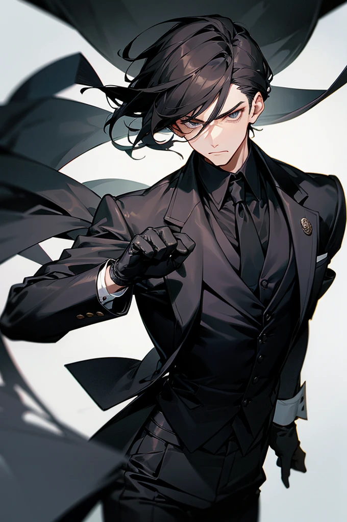 Man with a straight face、Black jacket、vests、Black pants、Leather gloves、tobacco、Two-block、A dark-haired、dandy