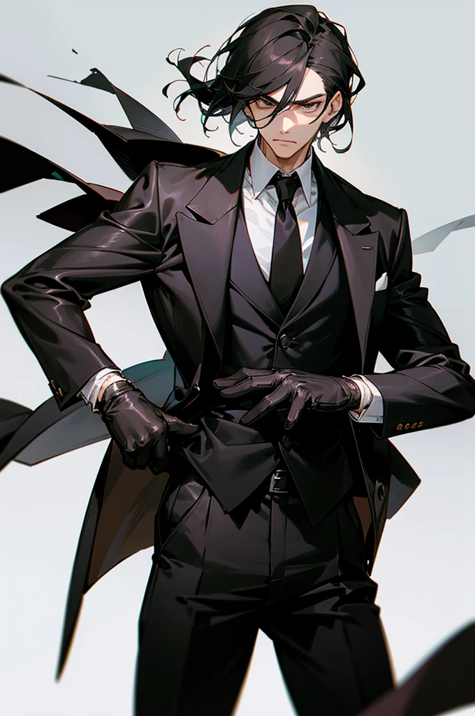 Man with a straight face、Black jacket、vests、Black pants、Leather gloves、tobacco、Two-block、A dark-haired、dandy